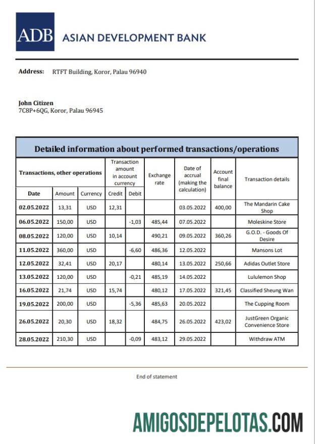Palau ADB extrato bancário amostra